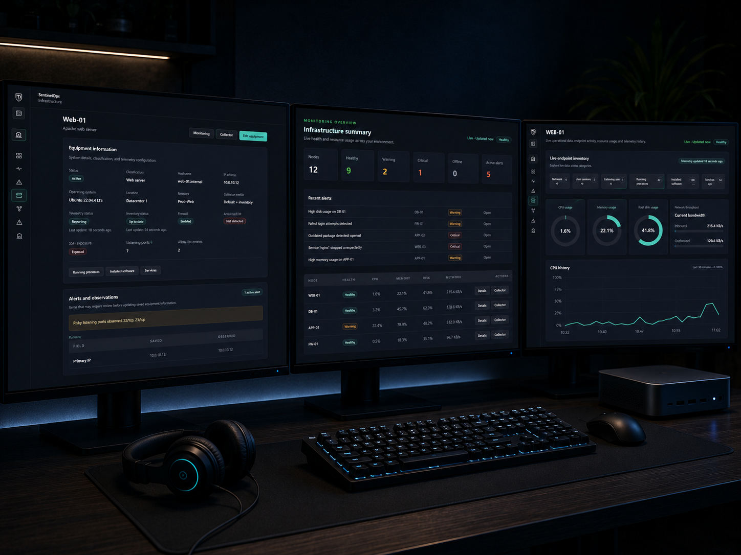 Security operator reviewing terminal monitors with system telemetry, network scans, and service checks